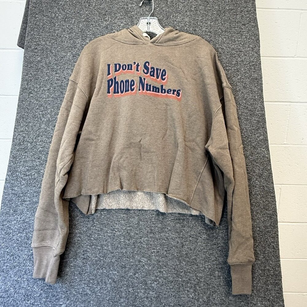 Wildfox Who Dis Harley Graphic Fleece Hoodie Taupe Gray Boxy Raw Hem Size XL NWT - Picture 2 of 16